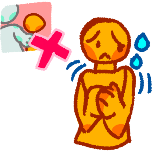 a yellow person shivering surrounded by dark blue lines and blue drops of sweat. On the upper left corner is a pale red square featuring a gray taller person touching the yellow person. On the bottom right corner of that pale red square is a red X outlined by off-white